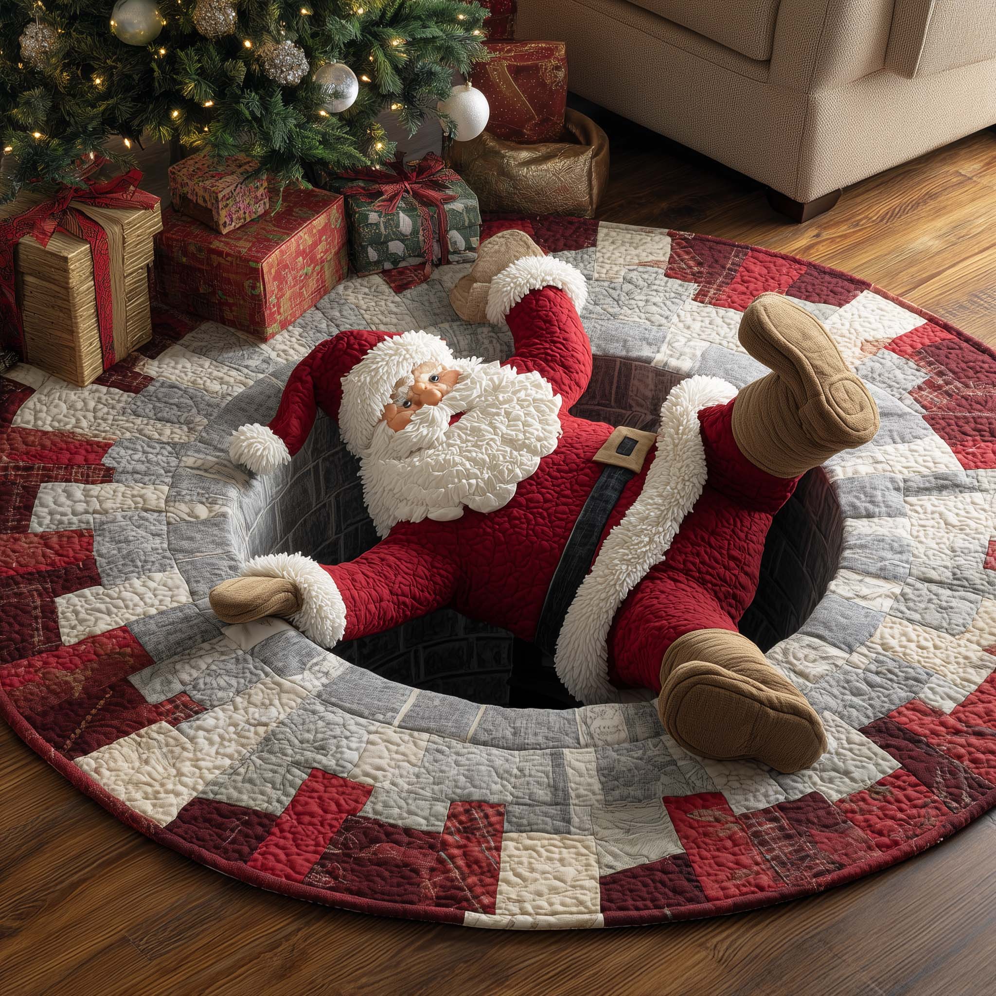 Santa Down The Chimney Quilted Round Mat Vibrant Quilted Round Mat to Brighten Your Room