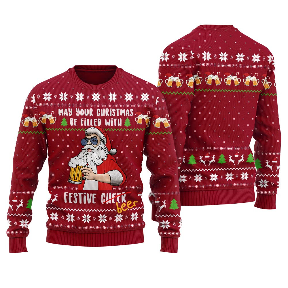 Santa Drinking Beer Mens Ugly Christmas Sweater Best Gift Idea for Christmas Enthusiasts