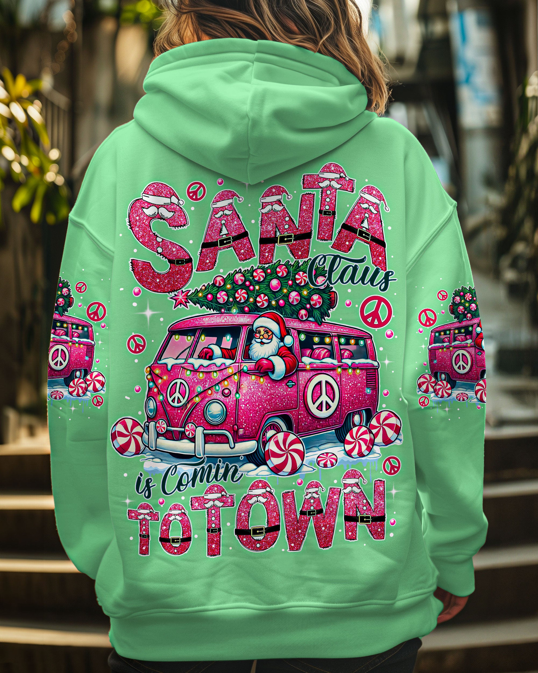 Santa Driving Hippie Car Hoodie Santa Is Coming To Town Christmas Clothes Gift Ideas