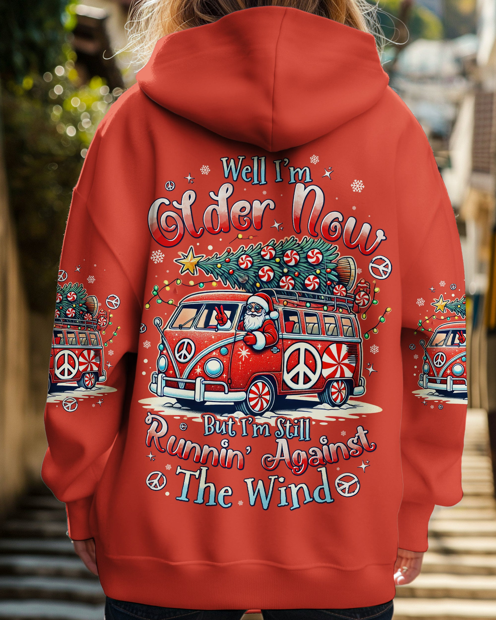 Santa Driving Hippie Car Running Against The Wind Hoodie Christmas Winter Merch Gifts