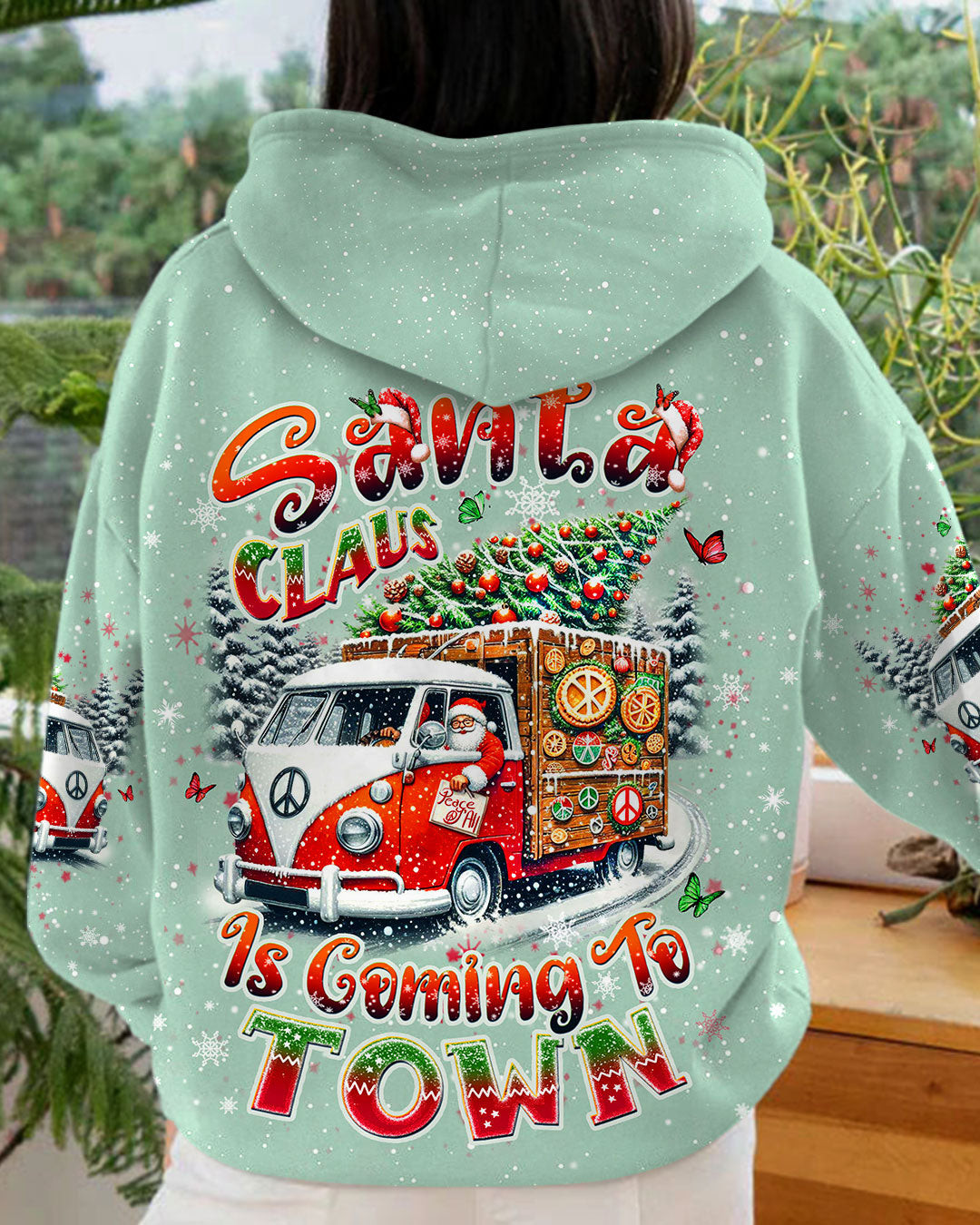 Santa Driving Hippie Van Hoodie Santa Claus Is Coming Funny Apparel Christmas Gifts