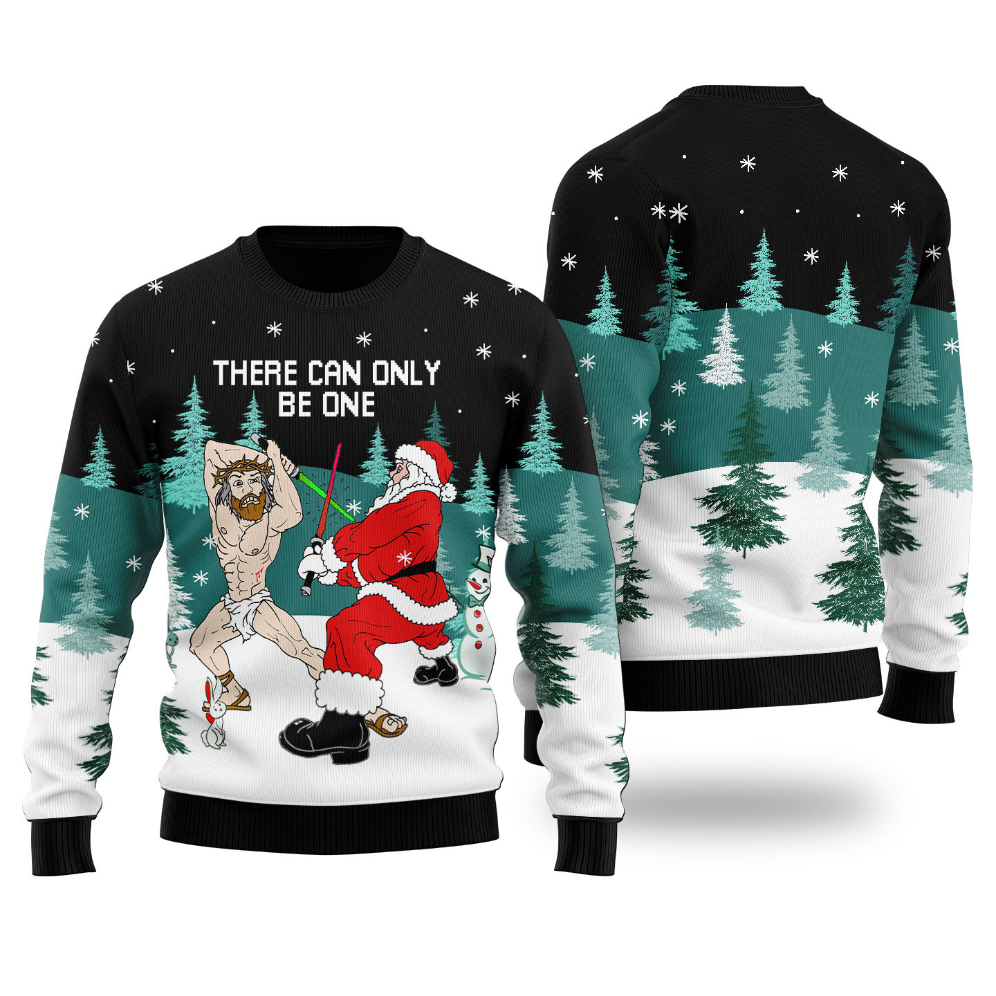 Santa Fighting For Christmas Ugly Christmas Sweater Black Warm Winter Sweater to Brighten Your Holidays