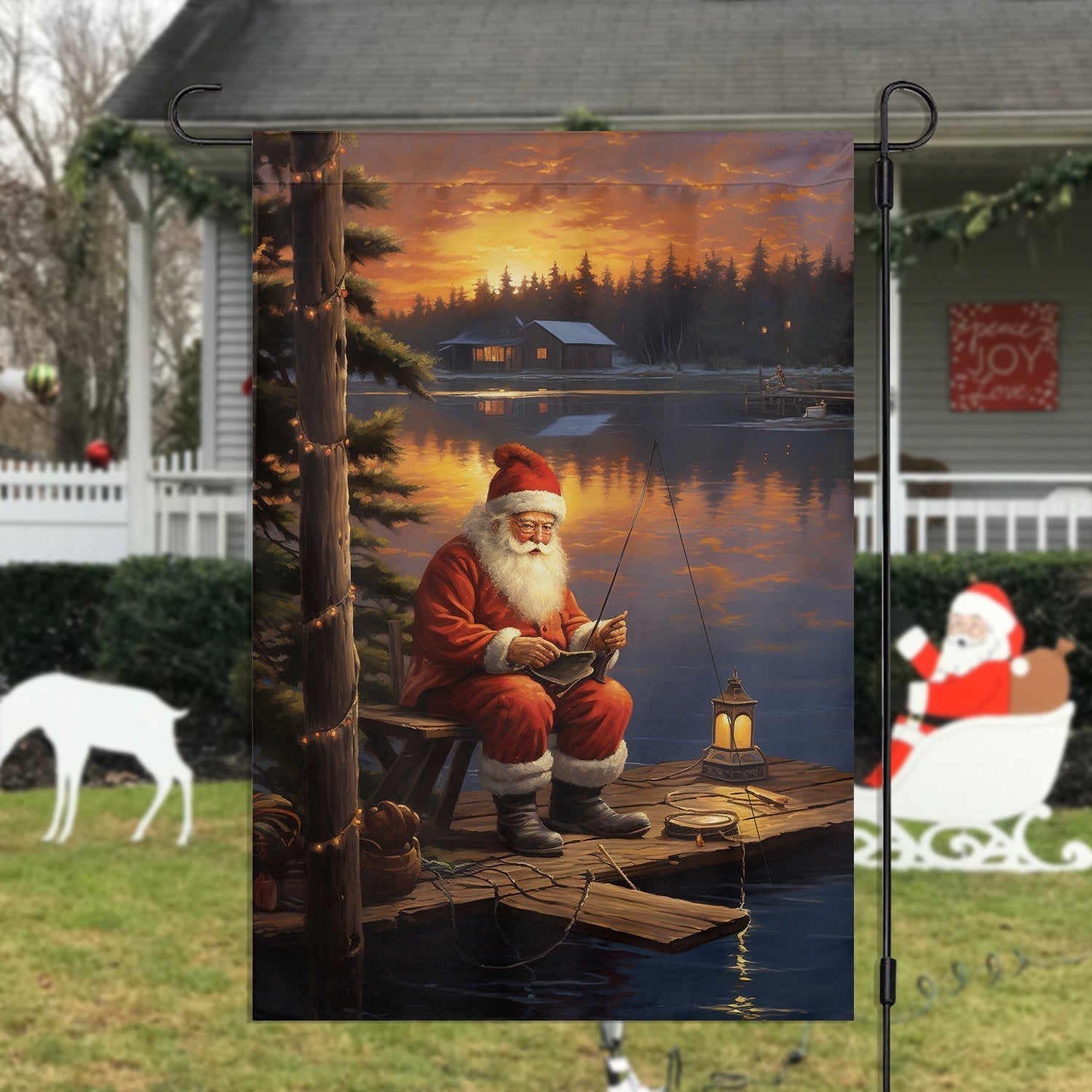 Santa Fishing At Serene Sunset Retreat Garden Flag Christmas Gift For Santa Lovers