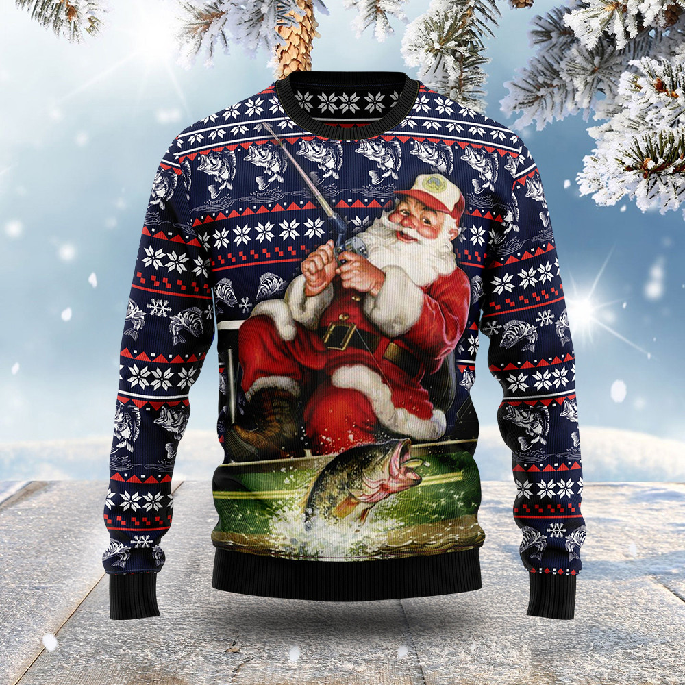Santa Fishing Ugly Christmas Sweater Christmas Apparel Gift For Fishing Lovers