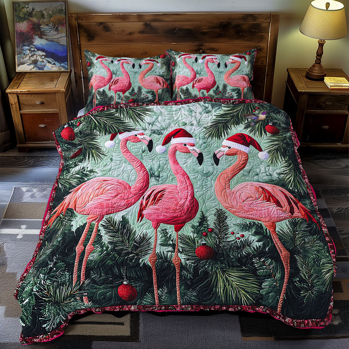 Santa Flamingo Holiday Xmas Quilted Bedding Set Best Christmas Gifts For Couples