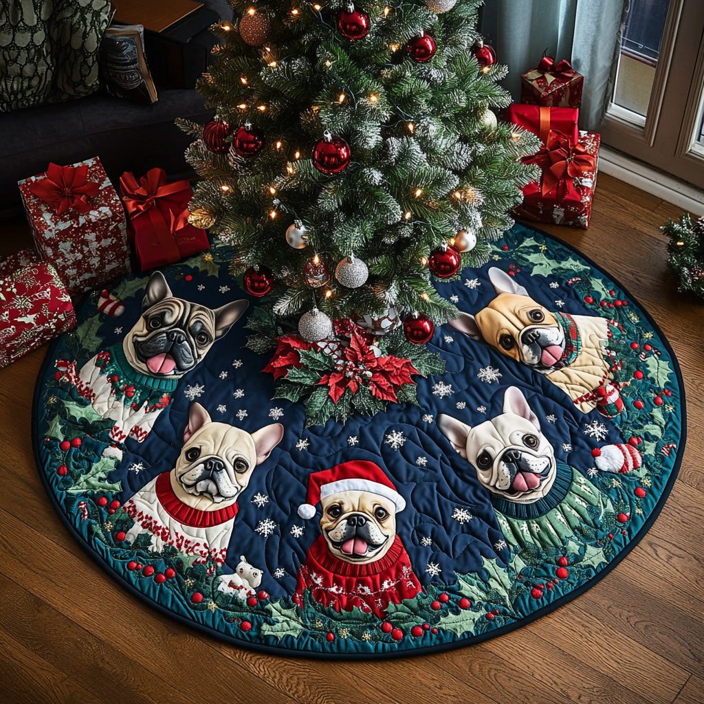Santa Frenchie Helper Quilted Christmas Tree Skirt Popular Gift Merch for Christmas Enthusiasts
