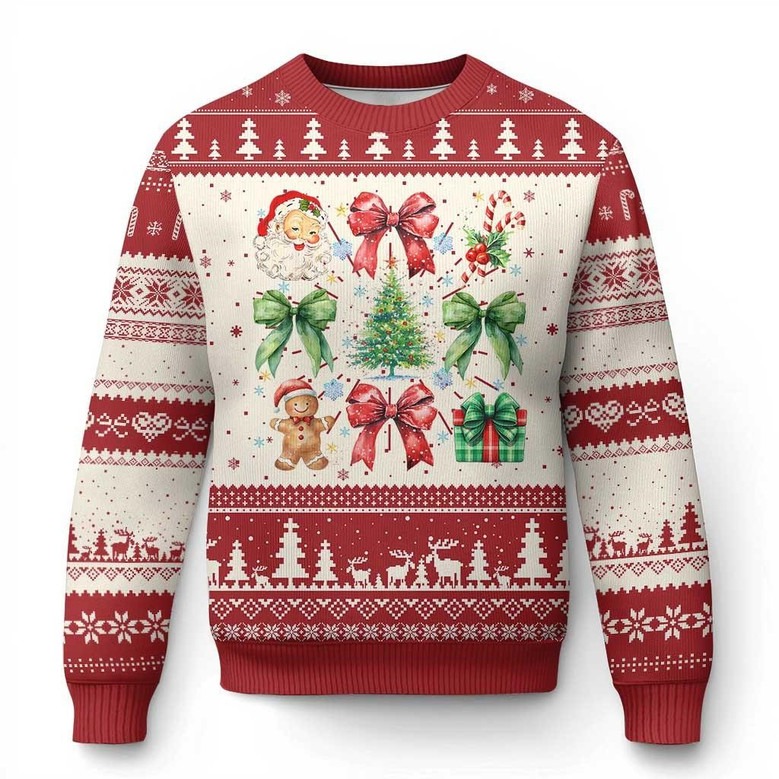 Santa Gingerbread And Coquette Bow Ugly Holiday Sweater Cute Christmas Jumper Festival Gifts