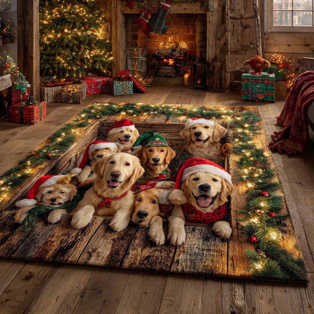 Santa Golden Crew Area Rug Christmas Home Dec Dog Owners Themed Gifts