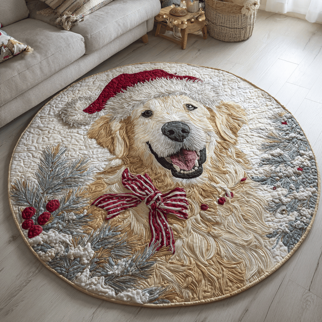 Santa Golden Retriever Quilted Round Mat Holiday Season Round Mat Xmas Gifts For Dog Lovers