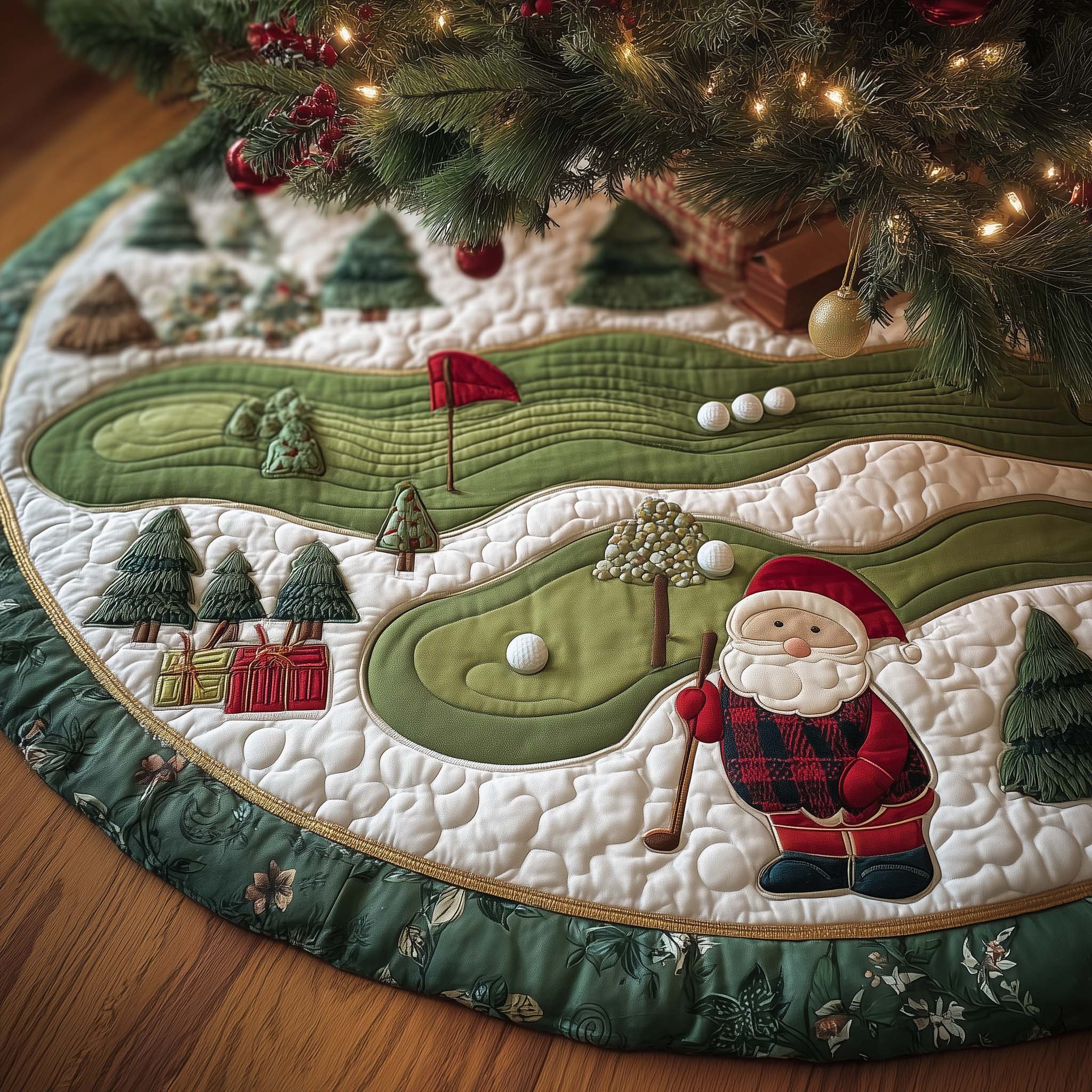 Santa Golfer Quilted Tree Skirt Golf Themed Decoration Gifts For Santa Lovers
