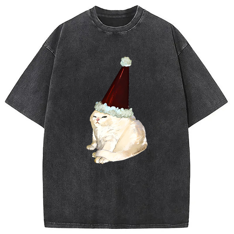 Santa Hat Meme Cat Washed T-Shirt Casual Vintage Everyday Look Gifts For BFF