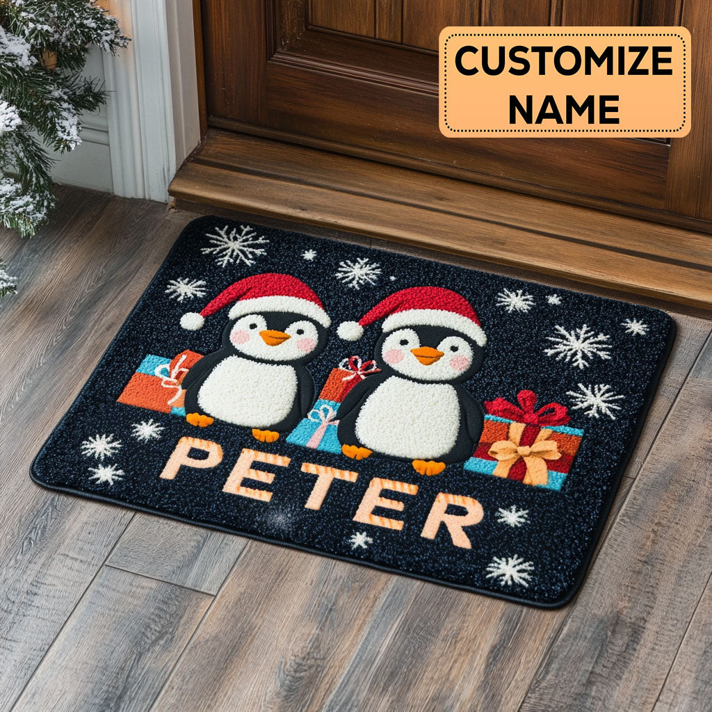 Santa Hat Penguins Custom Personalized Doormat Perfect Gift For Friends and Family on Christmas Day