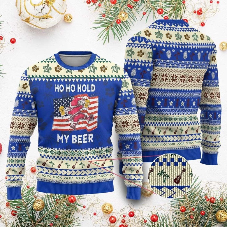 Santa Ho Ho Hold My Beer Ugly Christmas Sweater Funny Aloha Jumper Xmas Beer Lover Gifts