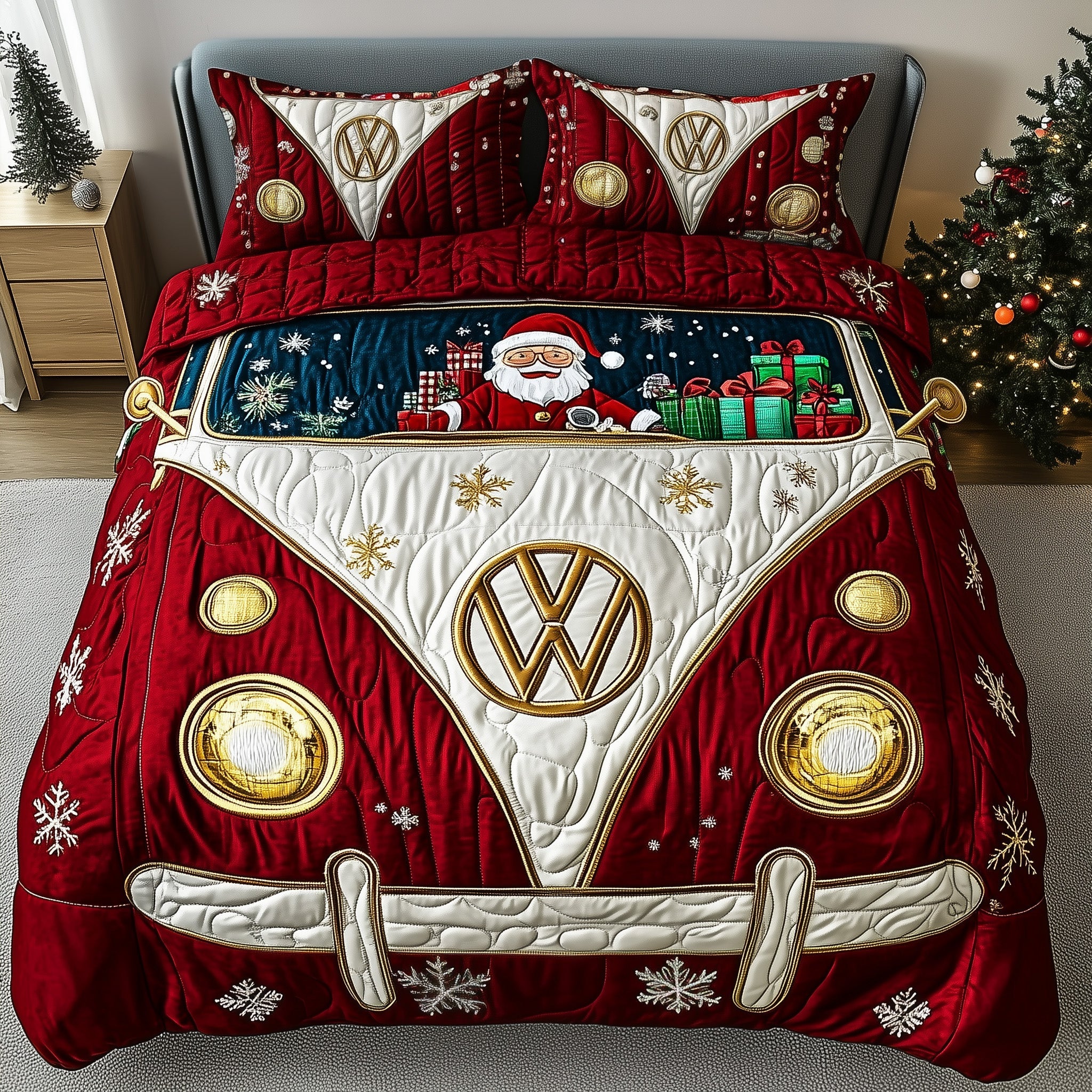 Santa Holiday Camper Quilted Bedding Set Retro Christmas Van Design Happy Christmas Day Gifts