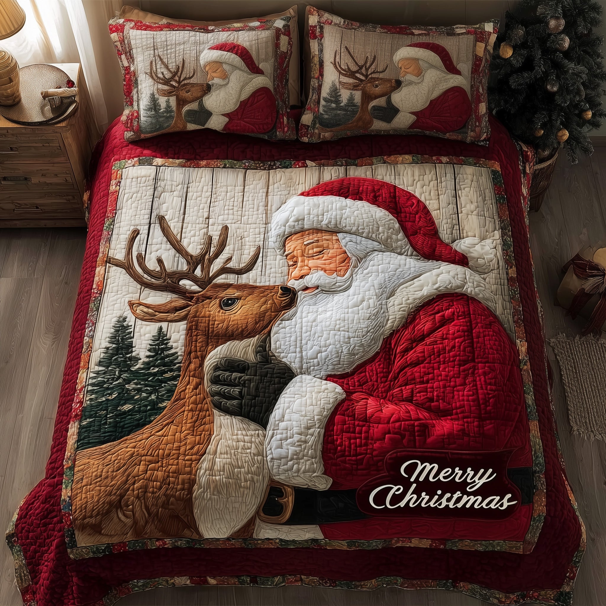 Santa Home Christmas Quilted Bedding Set Duvet Cover Bedspread Xmas Santa Claus Theme Presents