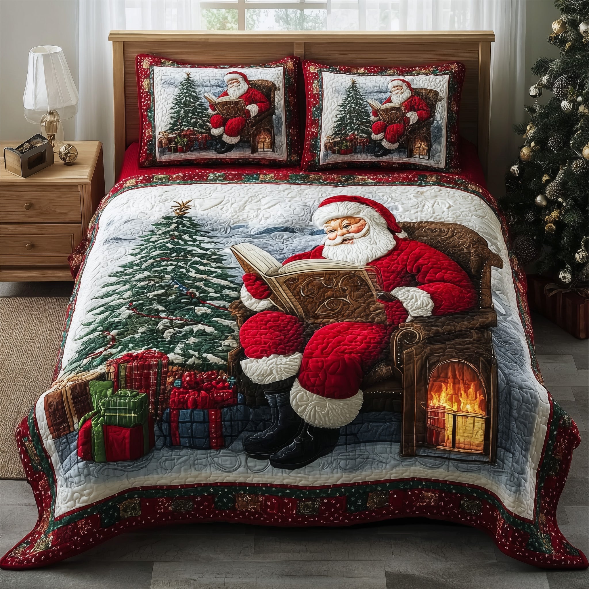 Santa Home Christmas Quilted Bedding Set Duvet Cover Bedspread Xmas Santa Claus Theme Presents For Him