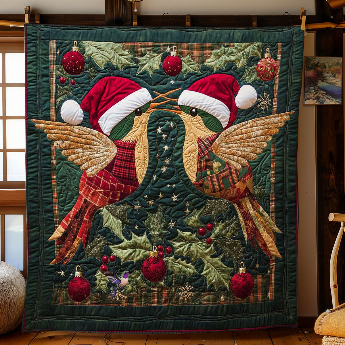 Santa Hummingbird Quilt Trendy Quilt Blanket Gift for Modern Home