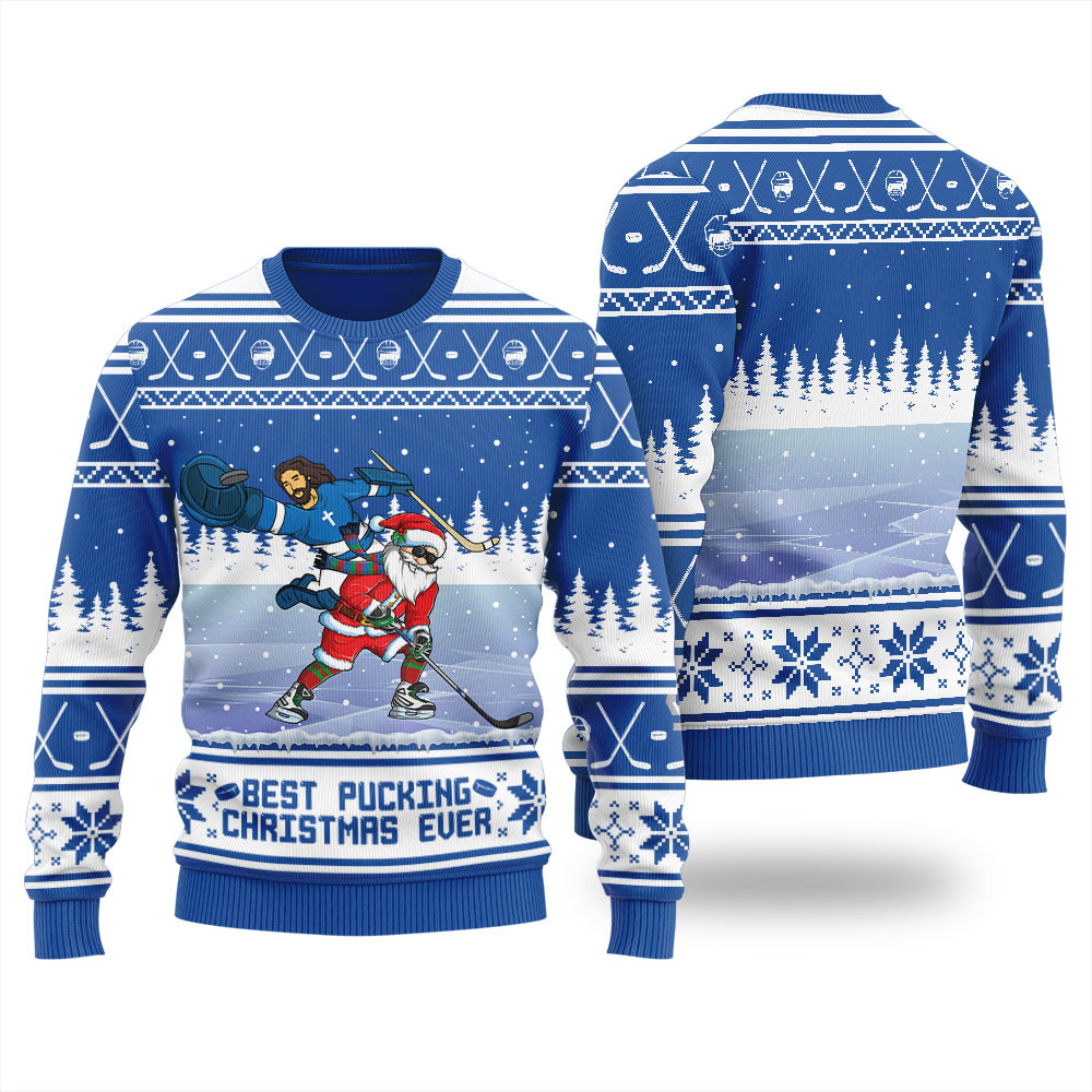 Santa Jesus Hockey Mens Ugly Christmas Sweater Personalized Christmas Sweatshirt Gift for Family