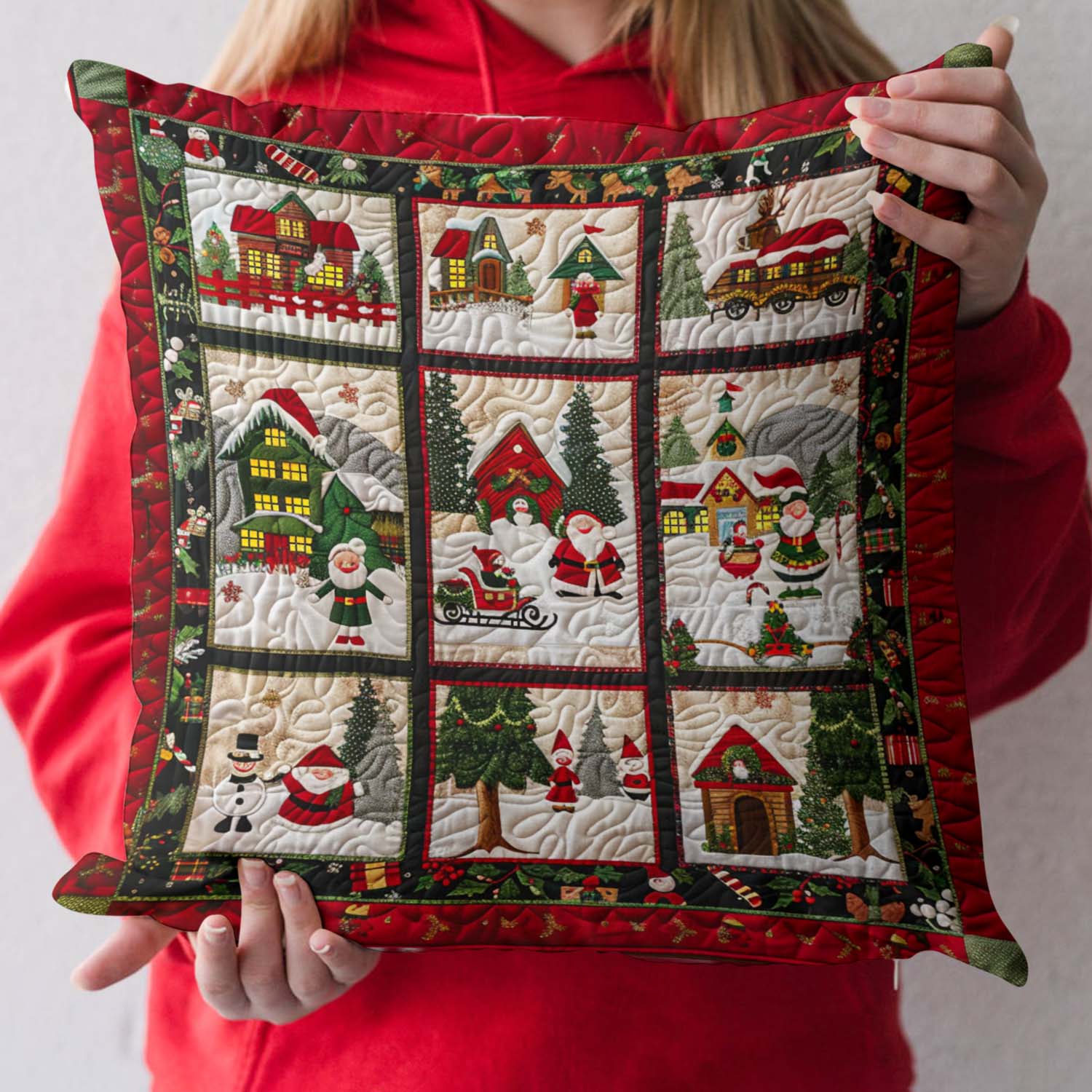 Santa Jolly Journey Quilted Pillow Case Plaid Christmas Pillow Cover