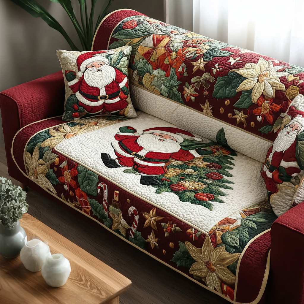 Santa Joy Quilted Sofa Cover Christmas Family Room Decor Gifts For Family