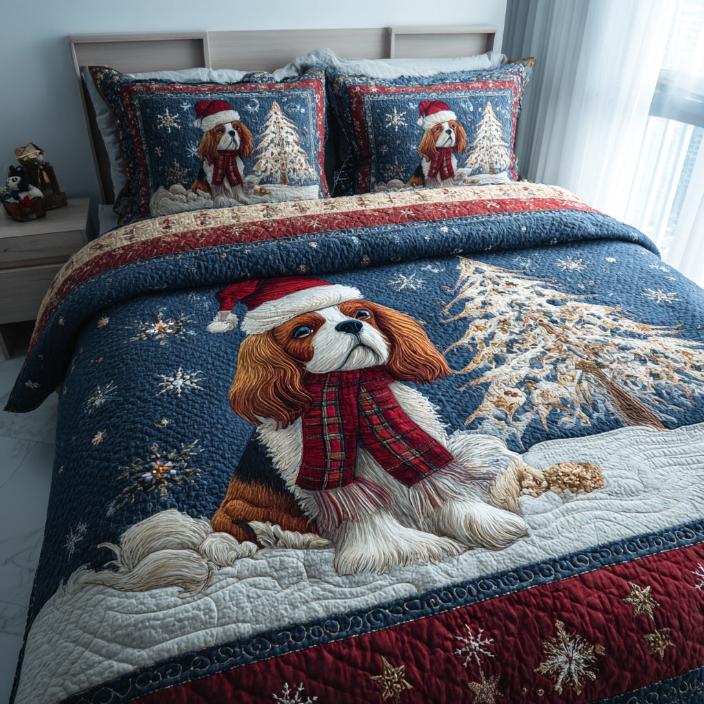 Santa King Charles Quilted Bedding Set Best Bed Sheet Set Good Presents For Dog Lovers