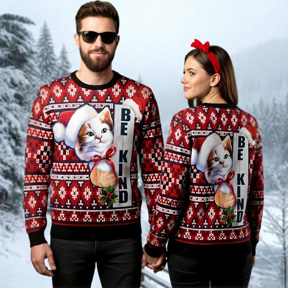 Santa Kitten Be Kind Ugly Christmas Sweater Animal Themed Xmas Gifts For Cat Lovers