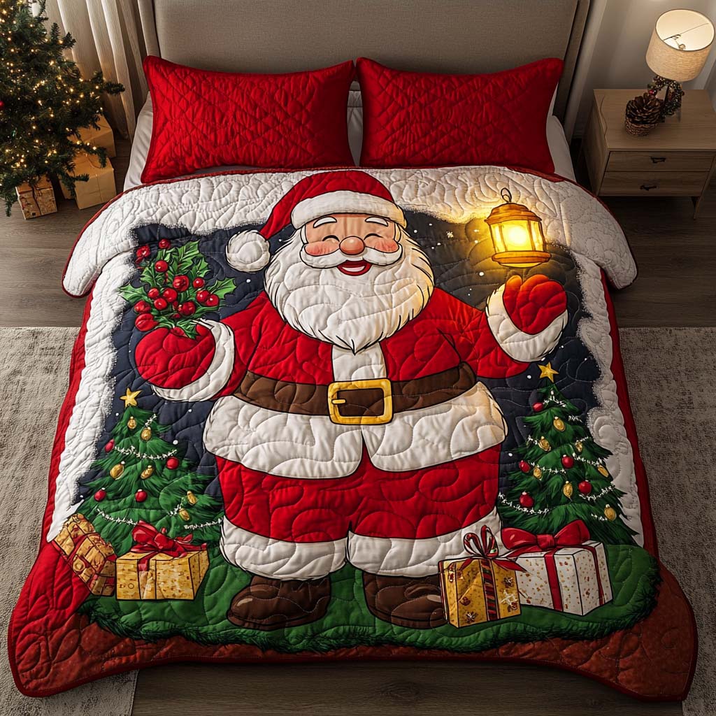 Santa Lantern Quilted Bedding Set King Size Comforter Granny Xmas Gifts