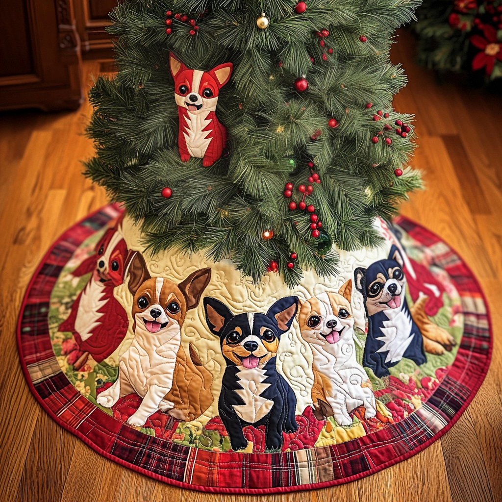Santa Little Chihuahua Chritstmas Quilted Tree Skirt Festive Christmas Tree Skirt for Holiday Decor