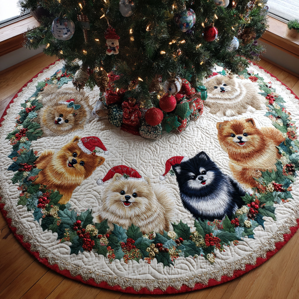 Santa Little Poms Christmas Quilted Tree Skirt Holiday Decorations Presents For Dog Owners