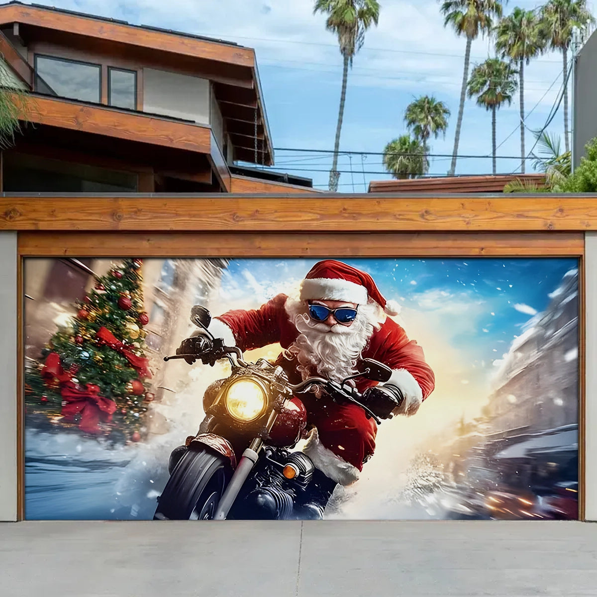 Santa Motorcycle Christmas Garage Door Banner Winter Home Decor Xmas Gift For Santa Lovers