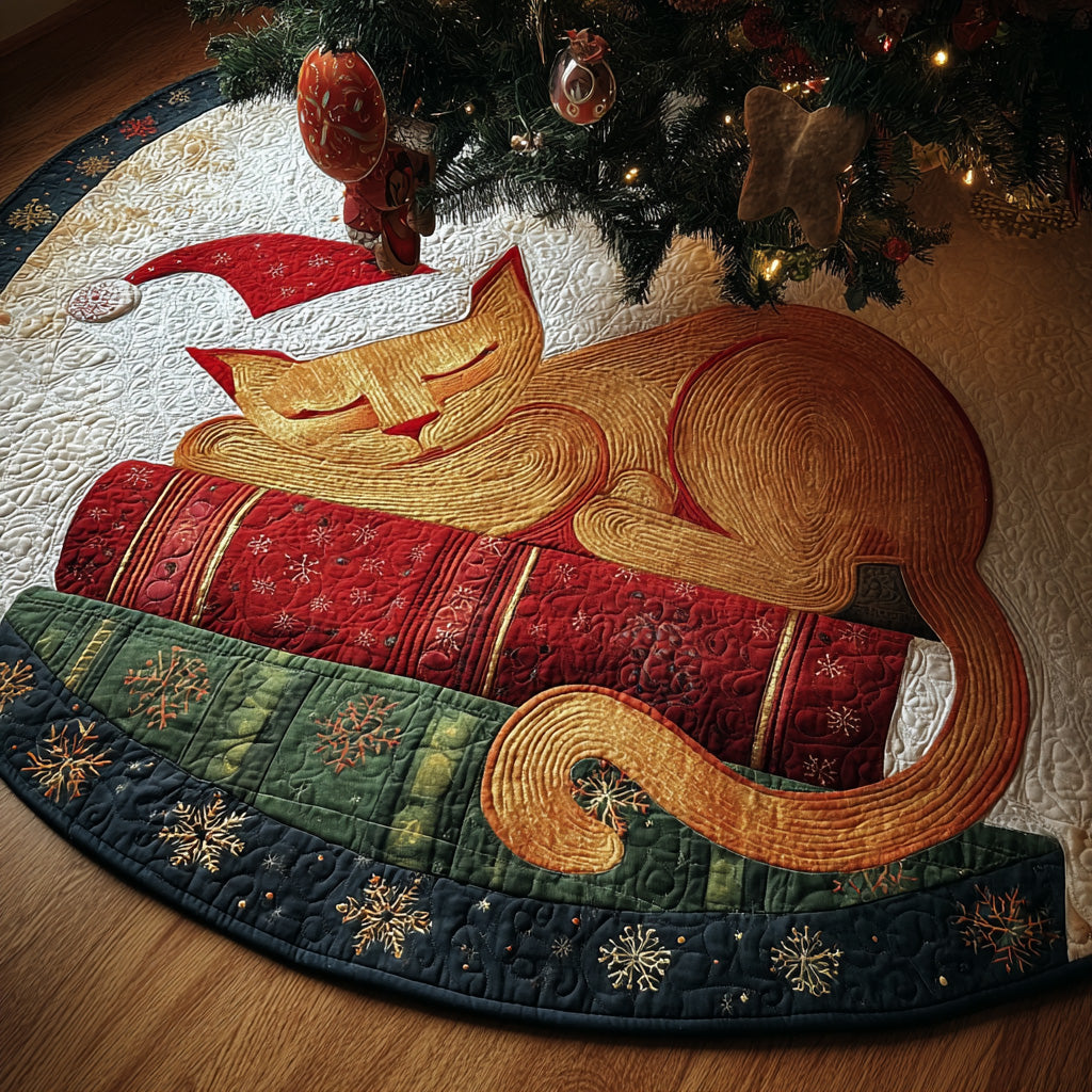 Santa Nap Christmas Quilted Tree Skirt Holiday Season Great Cat Gifts
