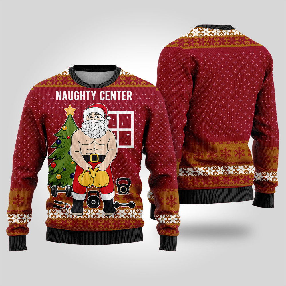Santa Naughty Center Ugly Christmas Sweater Cardinal Red Perfect Merch Gift for the Christmas Season