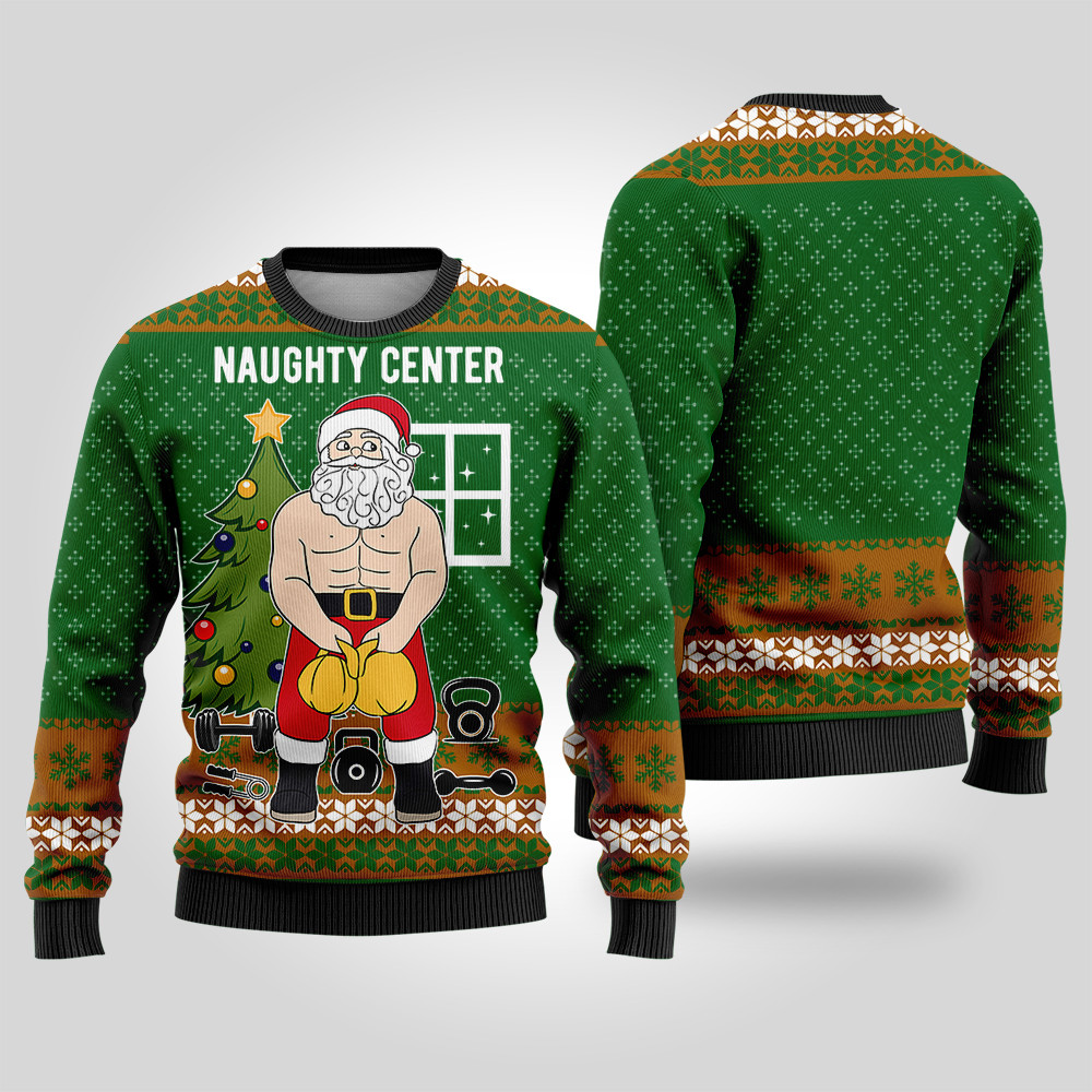 Santa Naughty Center Ugly Christmas Sweater Forest Green Best Christmas Merch Gift for Family and Friends