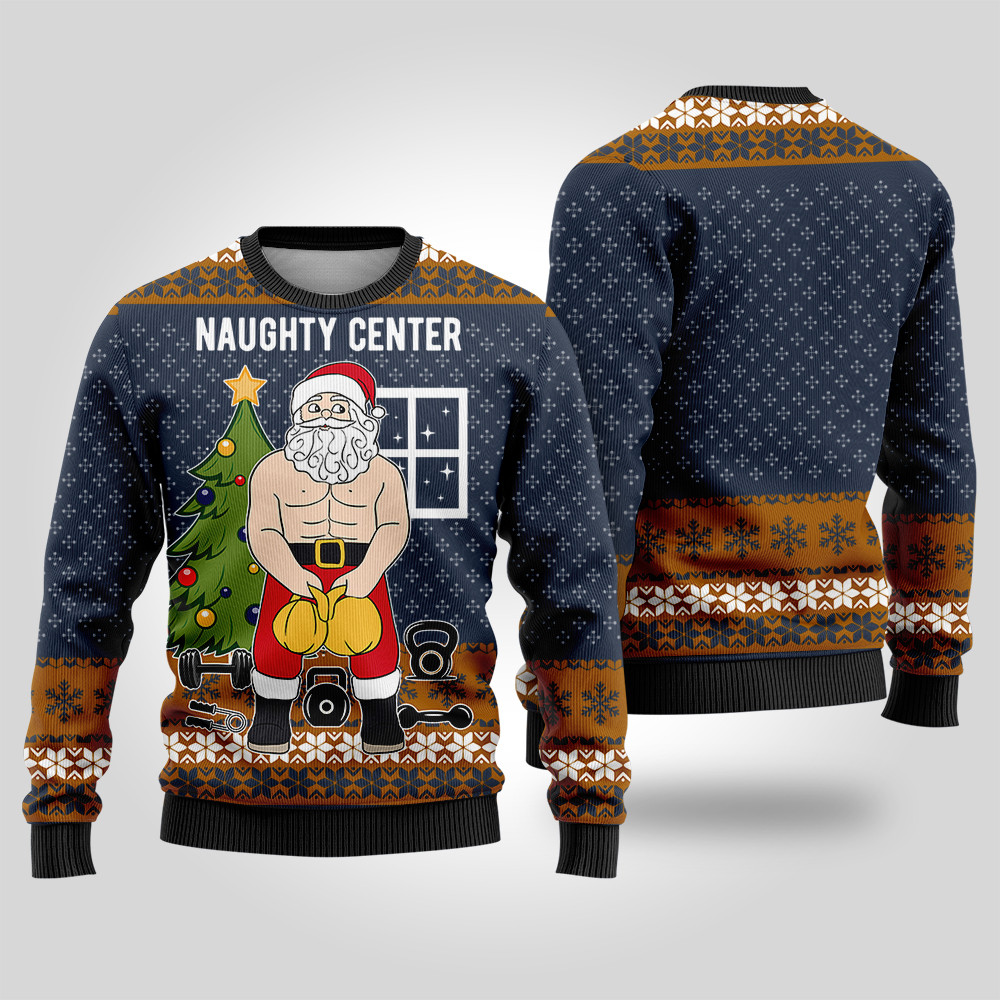 Santa Naughty Center Ugly Christmas Sweater Navy Merry Christmas Sweatshirt for Holiday Fun