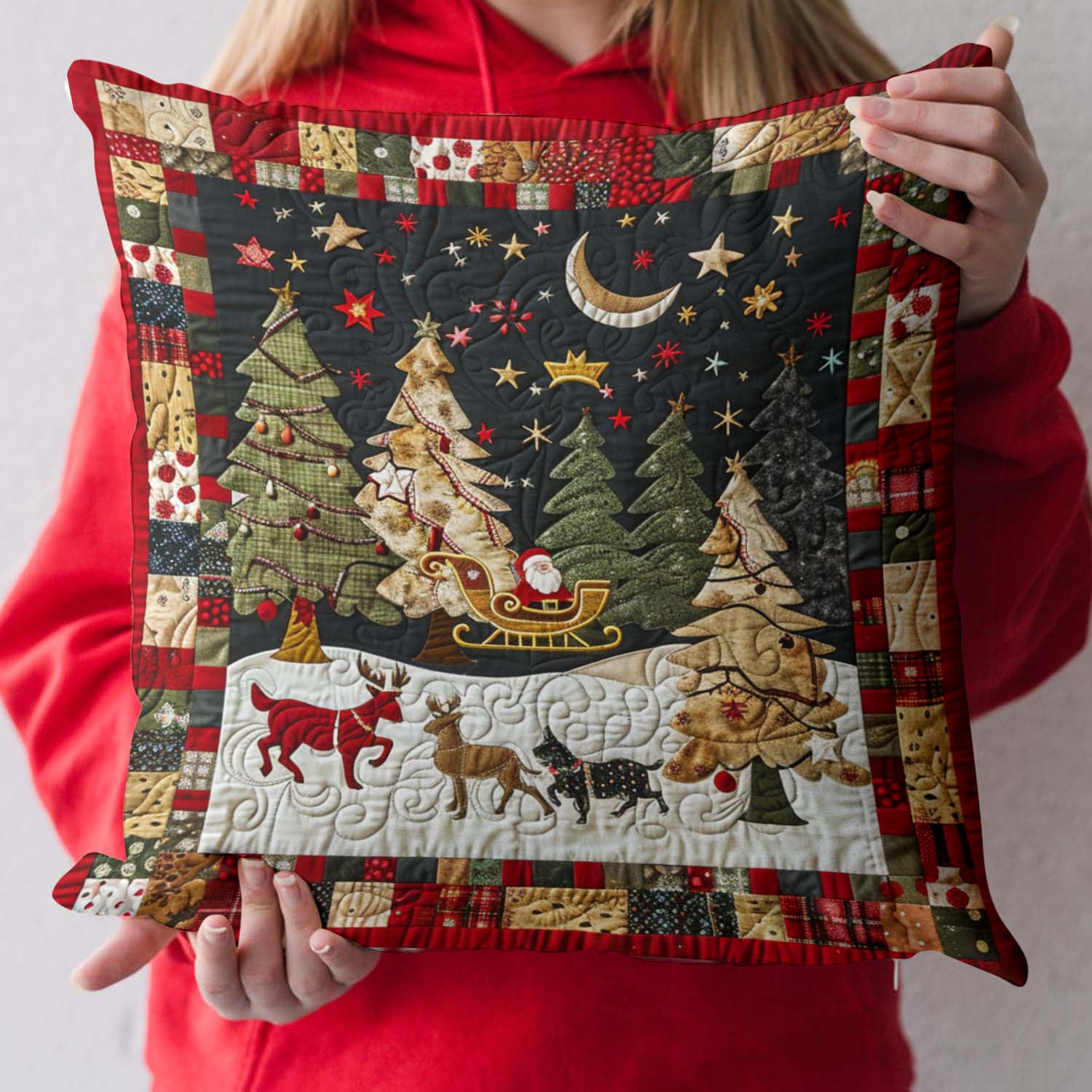 Santa Night Sleigh Ride Quilted Pillow Case Pillow Cover for Living Room Decor