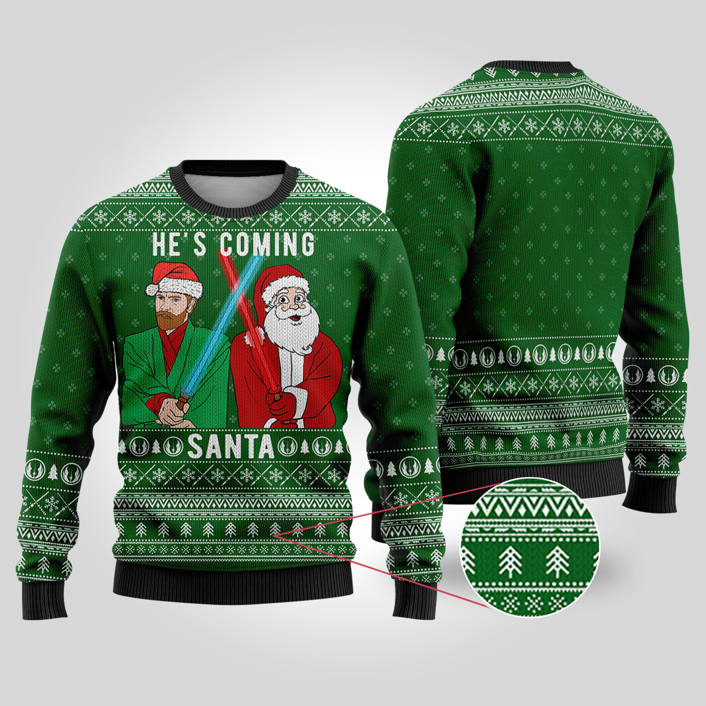 Santa Obiwan Kenobi Ugly Christmas Sweater Forest Green Heartwarming Christmas Gift Sweater for Him or Her