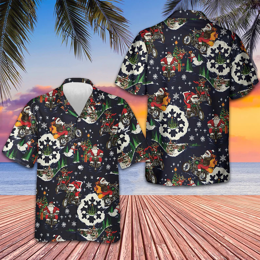 Santa On Motorcycle Hawaiian Shirt Men's Christmas Shirts Gifts For Motorcycle Lovers Santa On Motorcycle Hawaiian Shirt Men's Christmas Shirts Gifts For Motorcycle Lovers