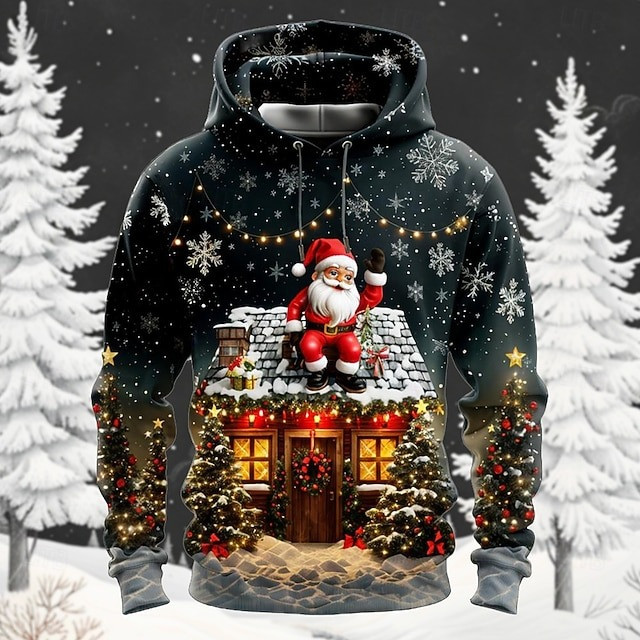 Santa On The Roof Christmas Hoodie Lights Snow And Trees Festive Holiday Outfit Gifts