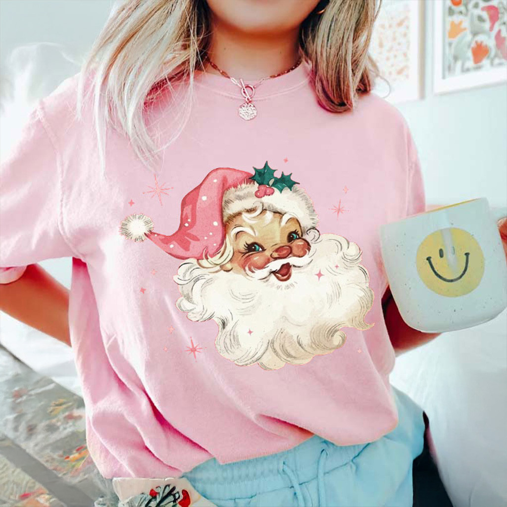 Santa Pink Retro Christmas Holiday T-Shirt Cute Christmas Gifts For Daughter