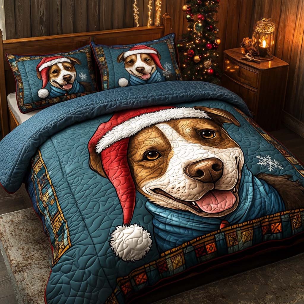 Santa Pitbull Joy Quilted Bedding Set Christmas Bedding Sets Doggy Presents For Christmas