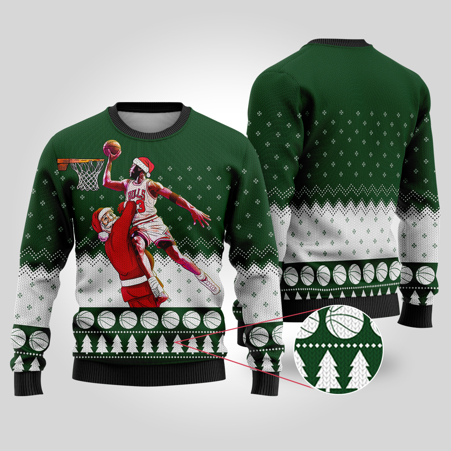 Santa Playing Basketball Ugly Christmas Sweater Forest Green Soft Cotton Sweatshirt for Winter Comfort