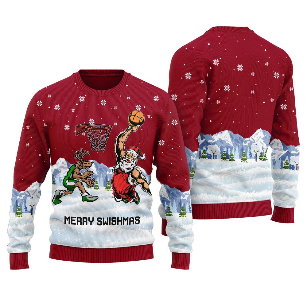 Santa Playing Basketball With Reindeer Mens Ugly Christmas Sweater Seasonal Gift Merch for Cozy Christmas Vibes