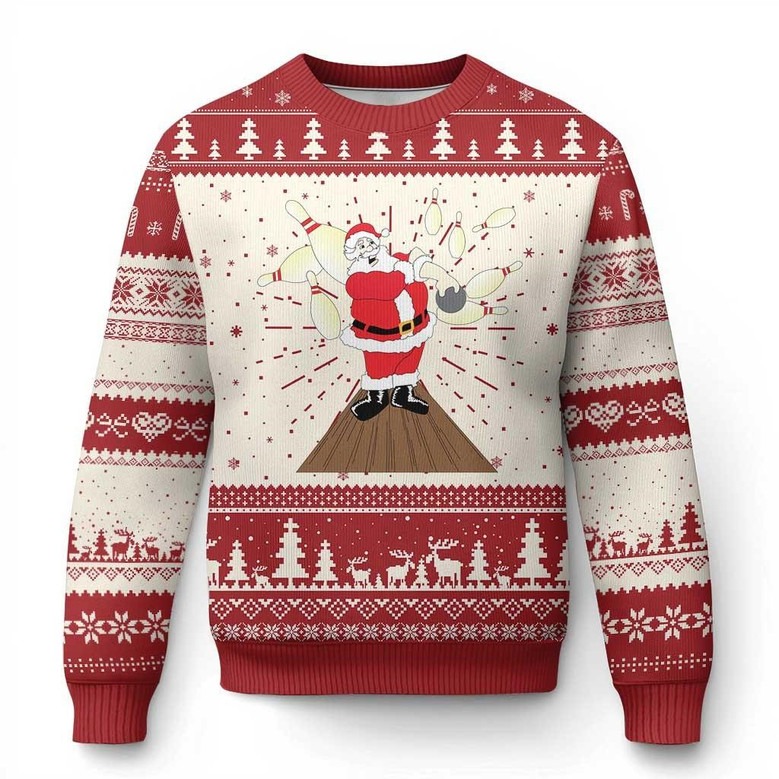 Santa Playing Bowling Ugly Holiday Jumper Cute Christmas Gifts For Bowling Lovers