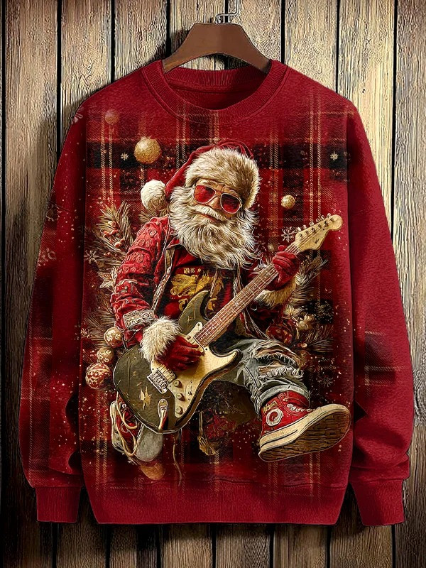 Santa Playing Guitar Christmas Sweatshirt Pine Tree Christmas Guitar Accessories Gifts