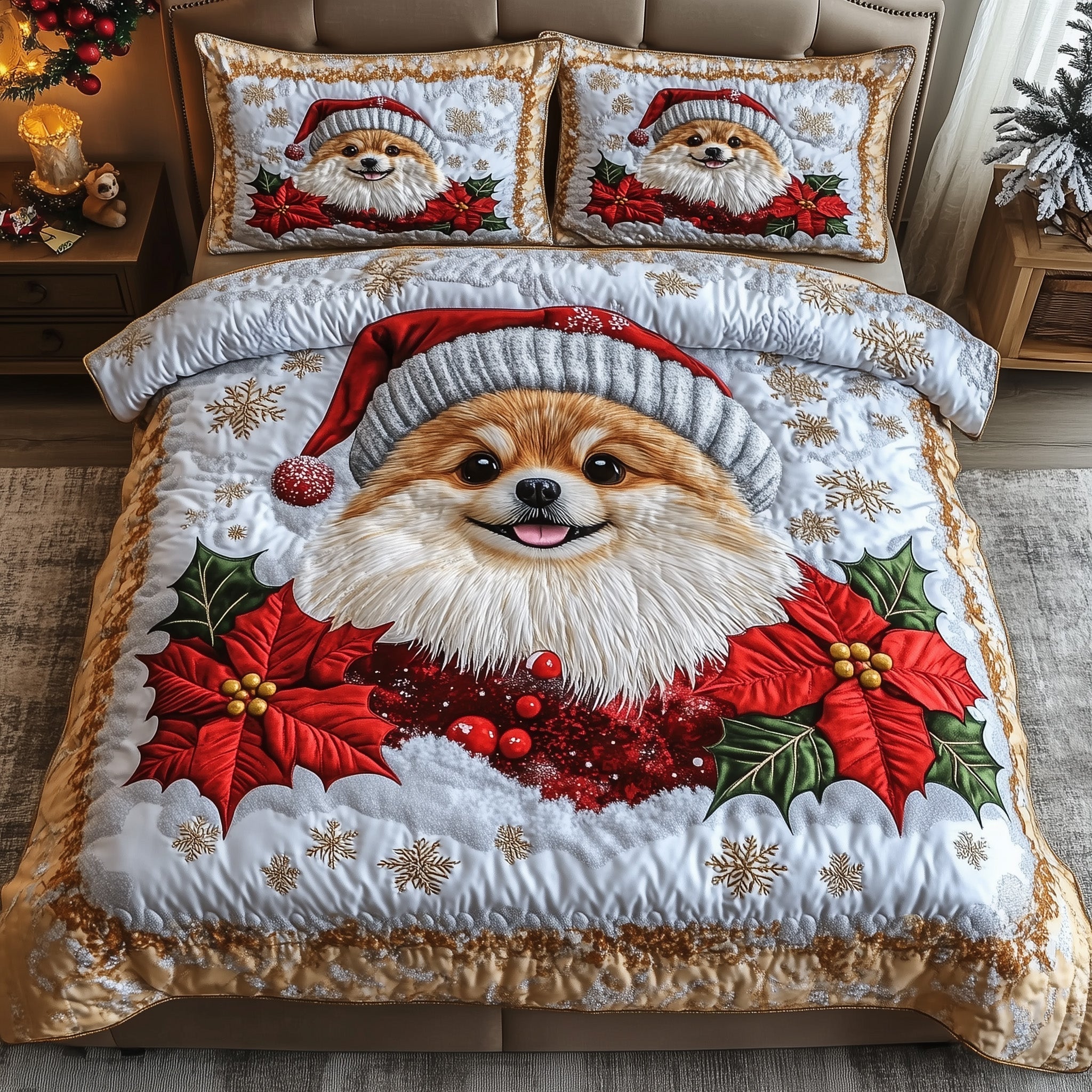 Santa Pomeranian Christmas Quilted Bedding Set Duvet Cover Bedspread Cute Xmas Gifts For Dog Lovers