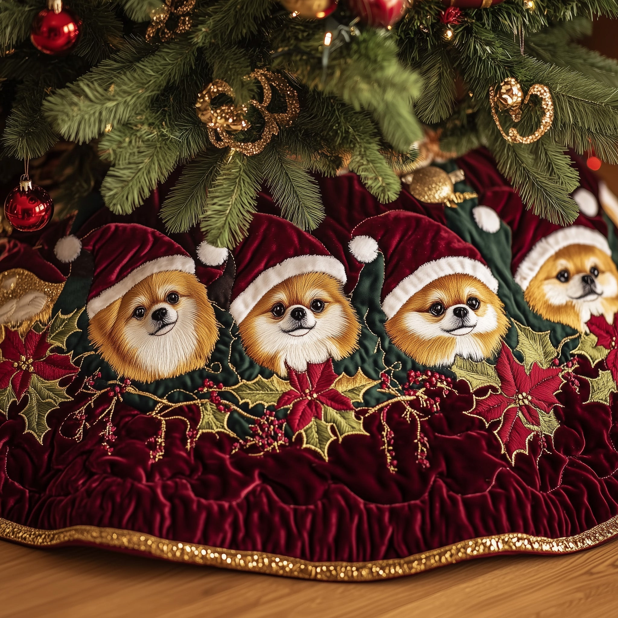 Santa Pomeranian Quilted Tree Skirt Animal Themed Christmas Gifts For Dog Enthusiasts