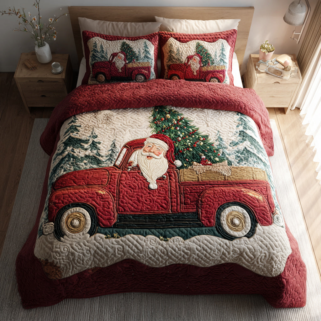 Santa Red Truck Quilted Bedding Set Holiday Duvet Covers Christmas Gift Ideas For Mom