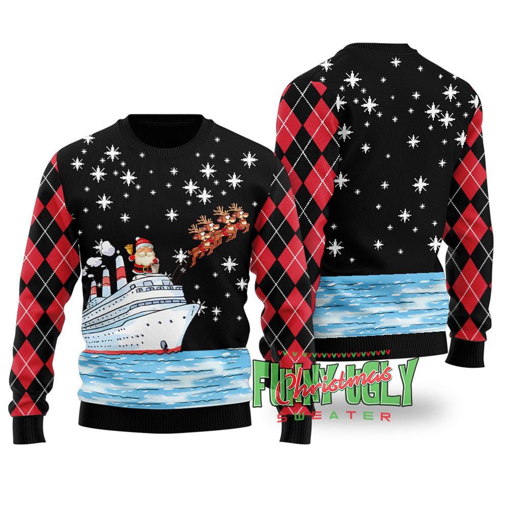 Santa Reindeer Ship Ugly Christmas Sweater Black Soft Cotton Sweatshirt for Winter Comfort