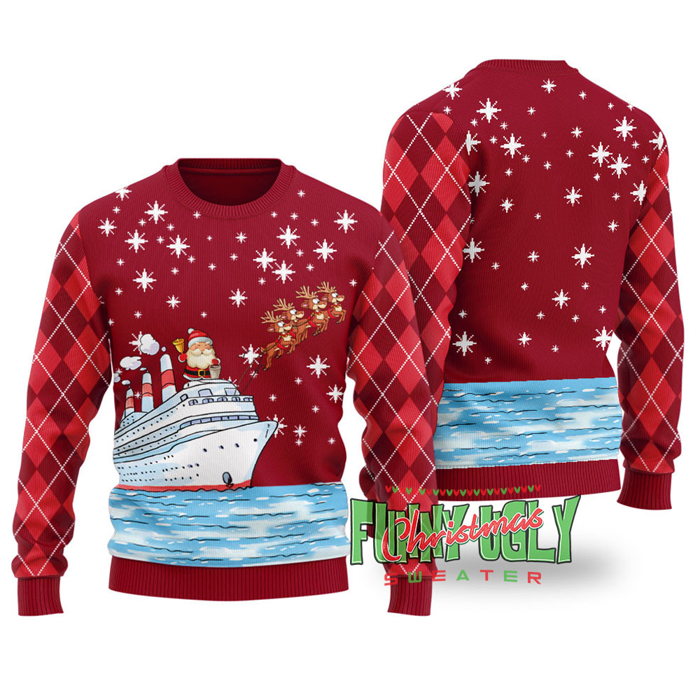 Santa Reindeer Ship Ugly Christmas Sweater Cardinal Red Comfortable Holiday Sweater for Chilly Nights