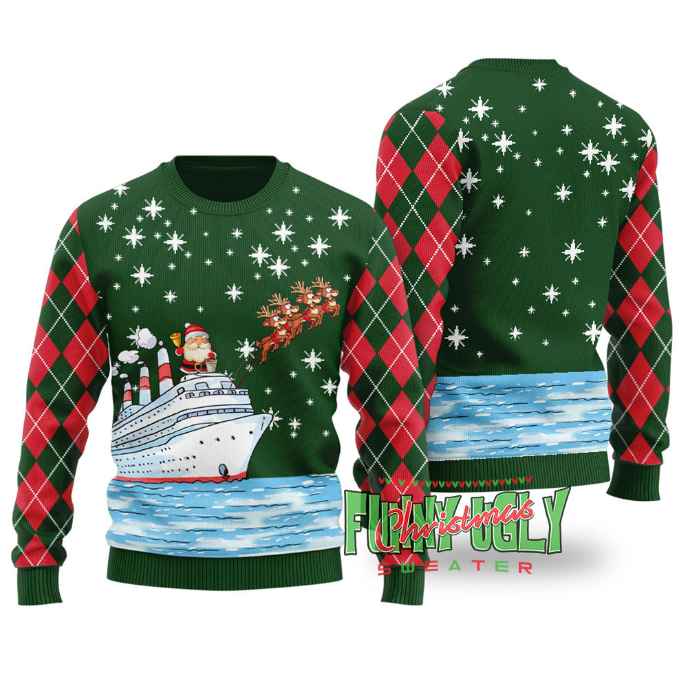 Santa Reindeer Ship Ugly Christmas Sweater Forest Green Merry Christmas Sweatshirt for Holiday Fun
